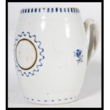 A late 18th century Chinese export porcelain small barrel shape mug tankard, with double,