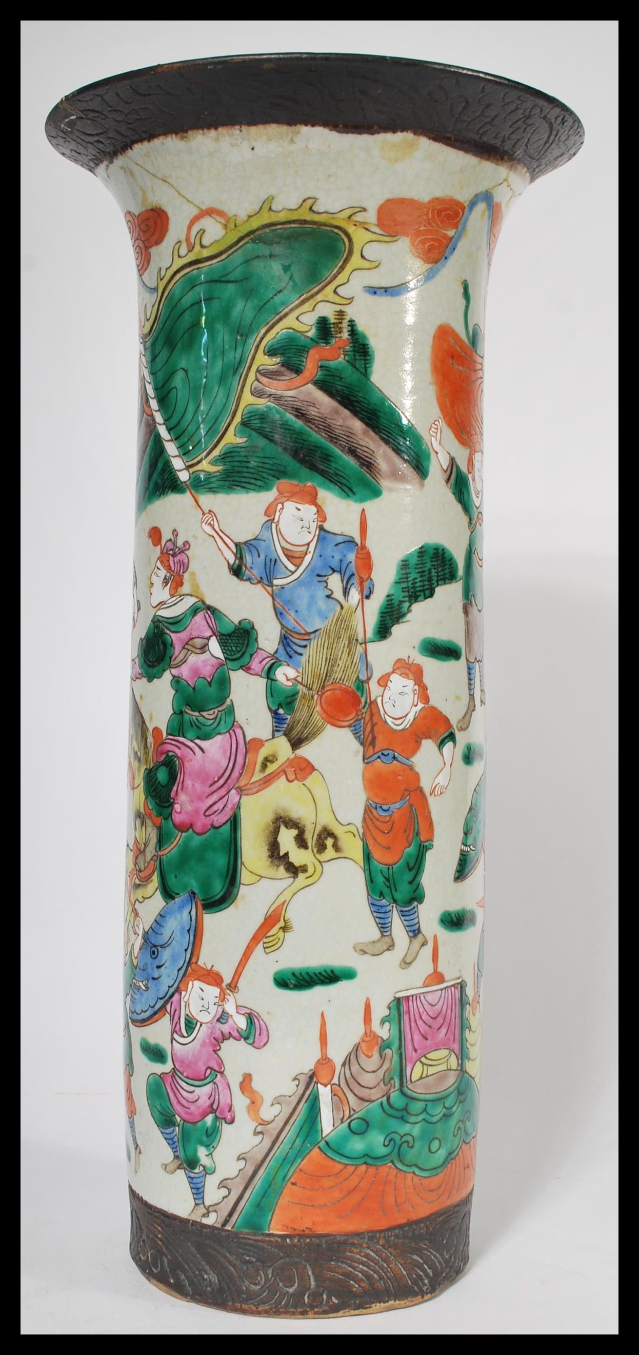 A large 19th century Chinese crackle glaze floor standing vase with hand painted scenes of - Image 2 of 6