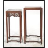 2 19th century Chinese hardwood side tables of small form being raised on shaped legs with fret