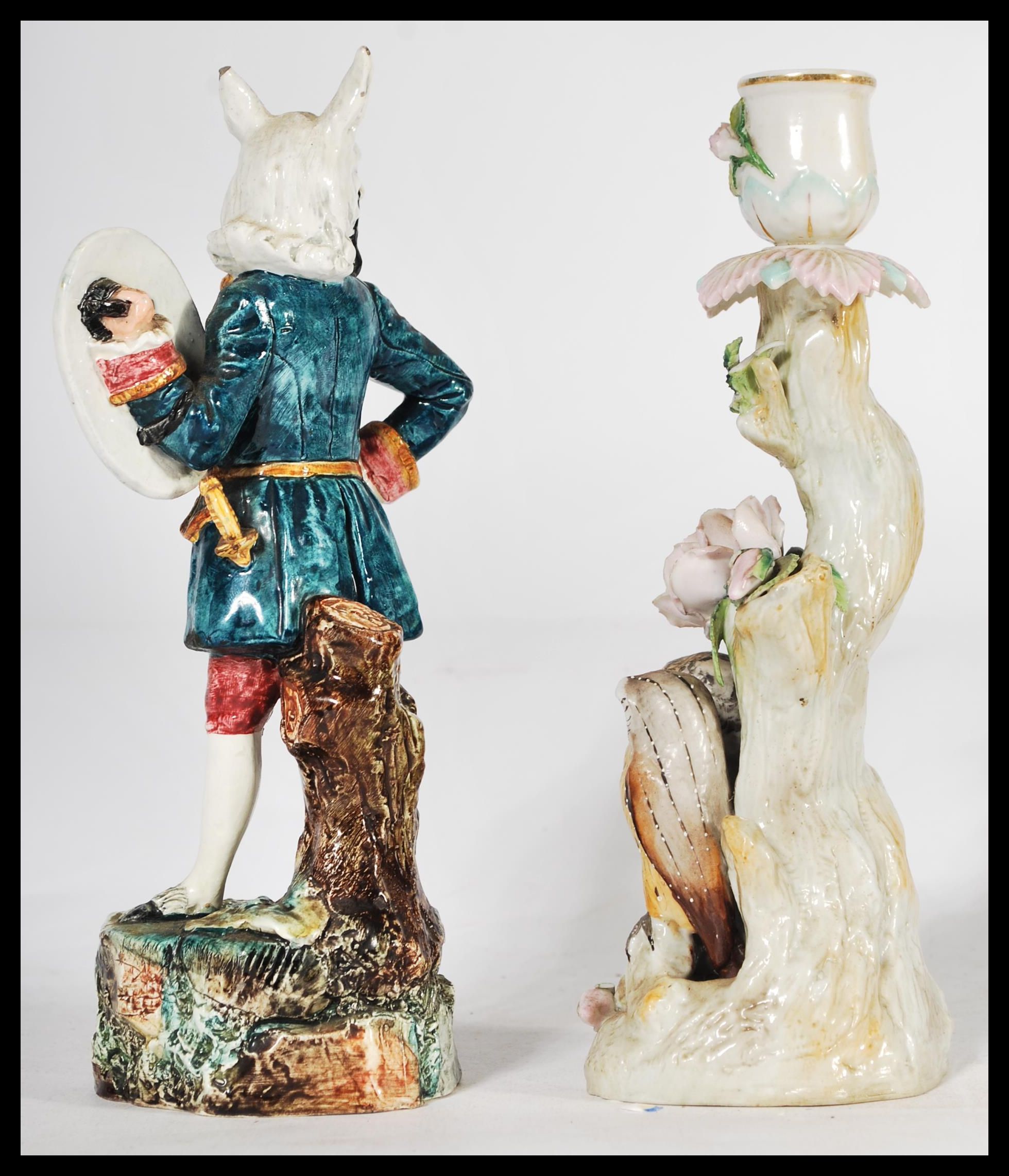 Two 19th century Victorian ceramic figurines to include a Ernst Bohne & Sohne pair of owls on - Image 3 of 8