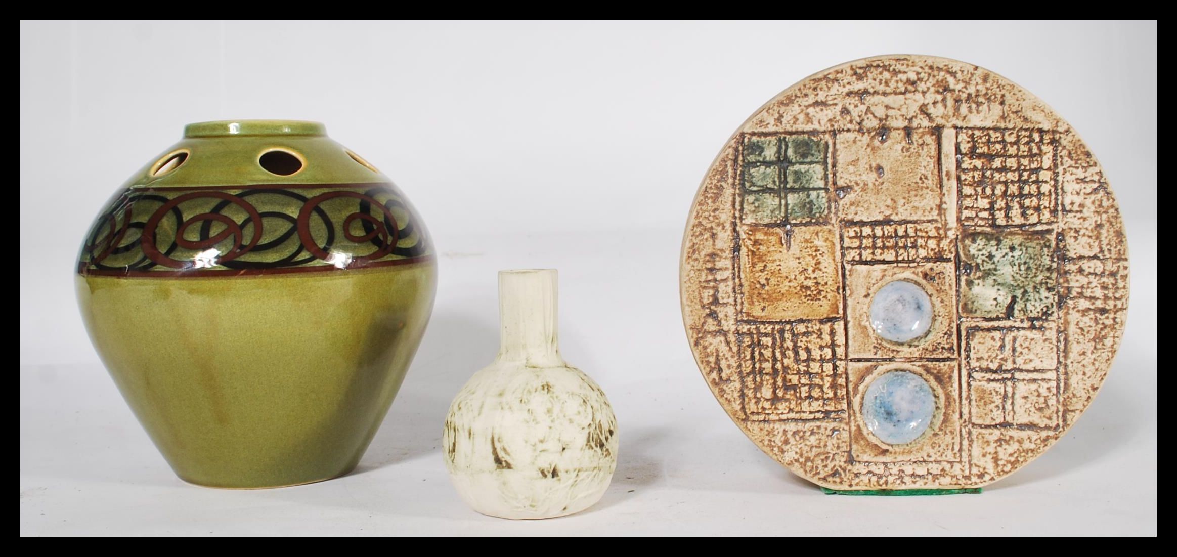 A group of vintage studio pottery to include a Troika Wheel vase , a Carn Penzance pottery - Image 3 of 8