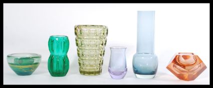 A group of vintage studio art glass to include a Murano orange glass ashtray of diamond shape ,
