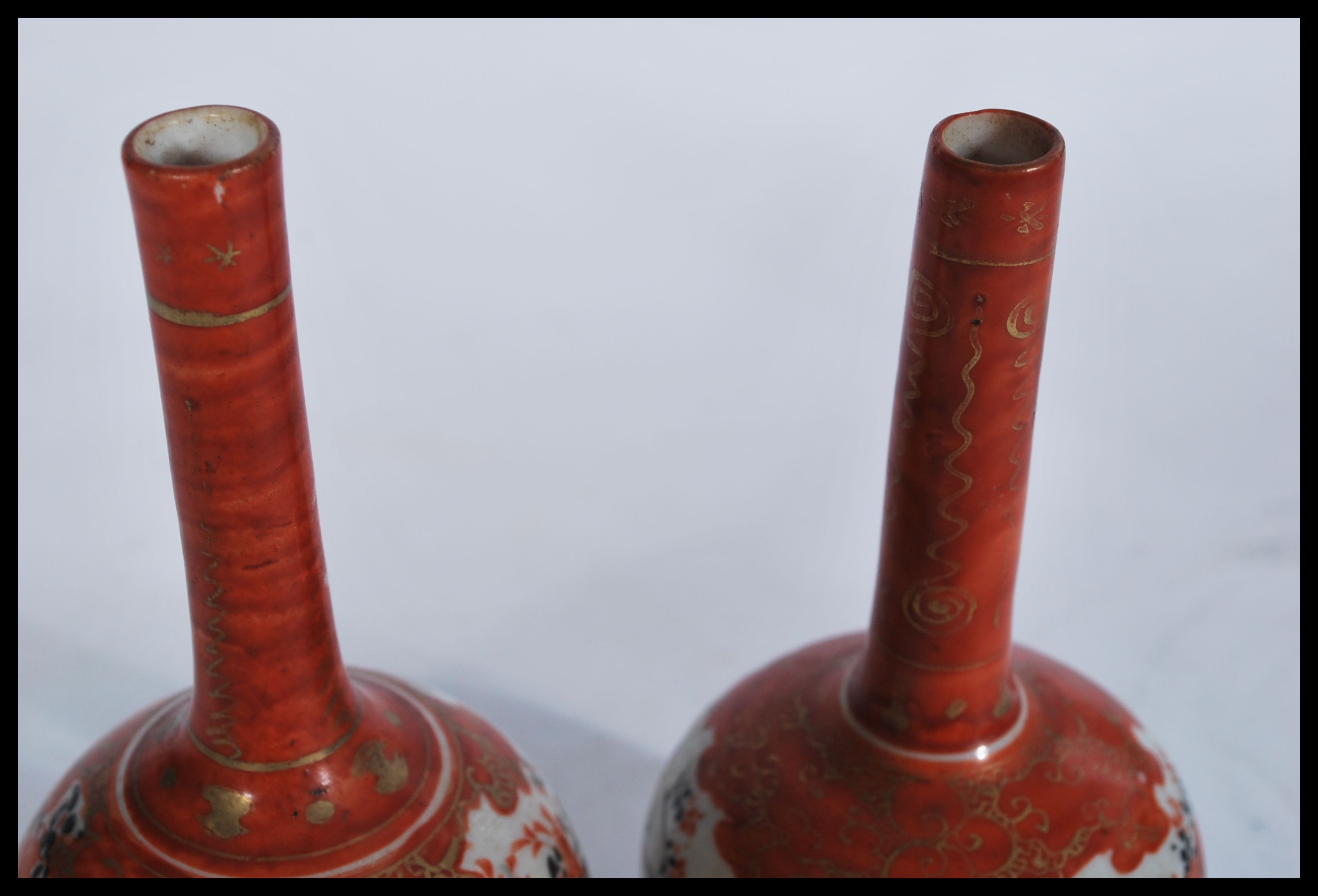 A pair of 19th century Japanese Satsuma vases of baluster form having bulbous globular decoration - Image 3 of 4