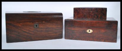 A group of three 19th century boxes to include a coromandel wood example , a rosewood work box