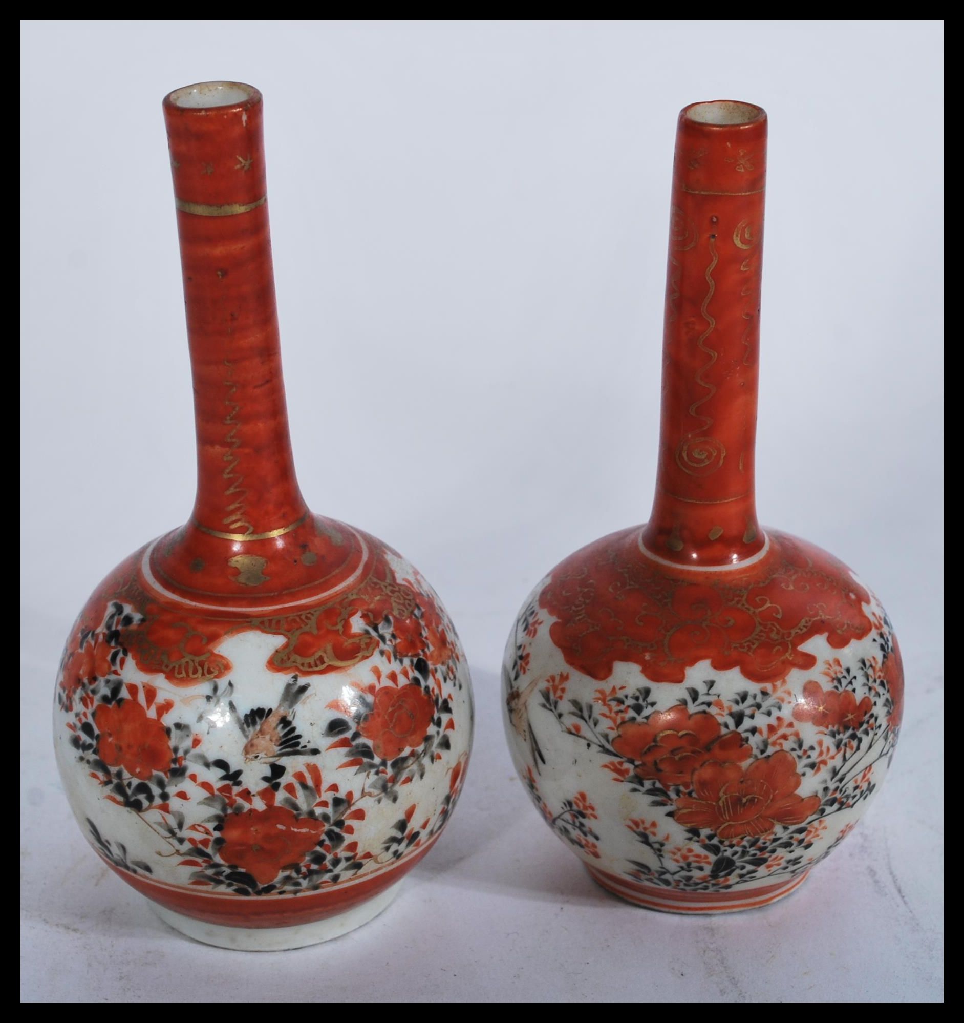 A pair of 19th century Japanese Satsuma vases of baluster form having bulbous globular decoration - Image 2 of 4