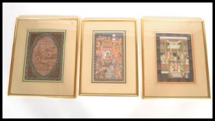 A group of three framed and glazed Indian / Asian watercolour paintings on silks depicting court