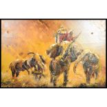 A 20th century oil on canvas painting of elephants and rider signed to the corner Lemmonier.