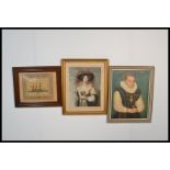 A group of three 20th century framed and glazed prints to include a ship with a border of world