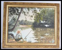 A framed oil on canvas oil painting of a fisherman