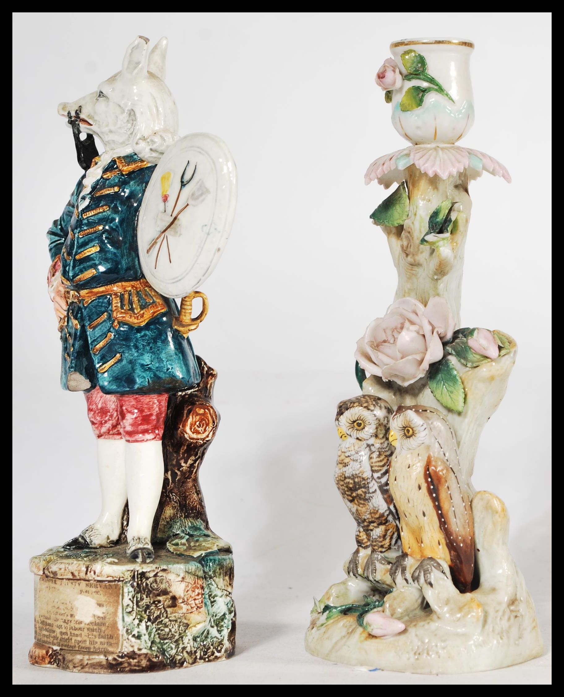 Two 19th century Victorian ceramic figurines to include a Ernst Bohne & Sohne pair of owls on - Image 2 of 8