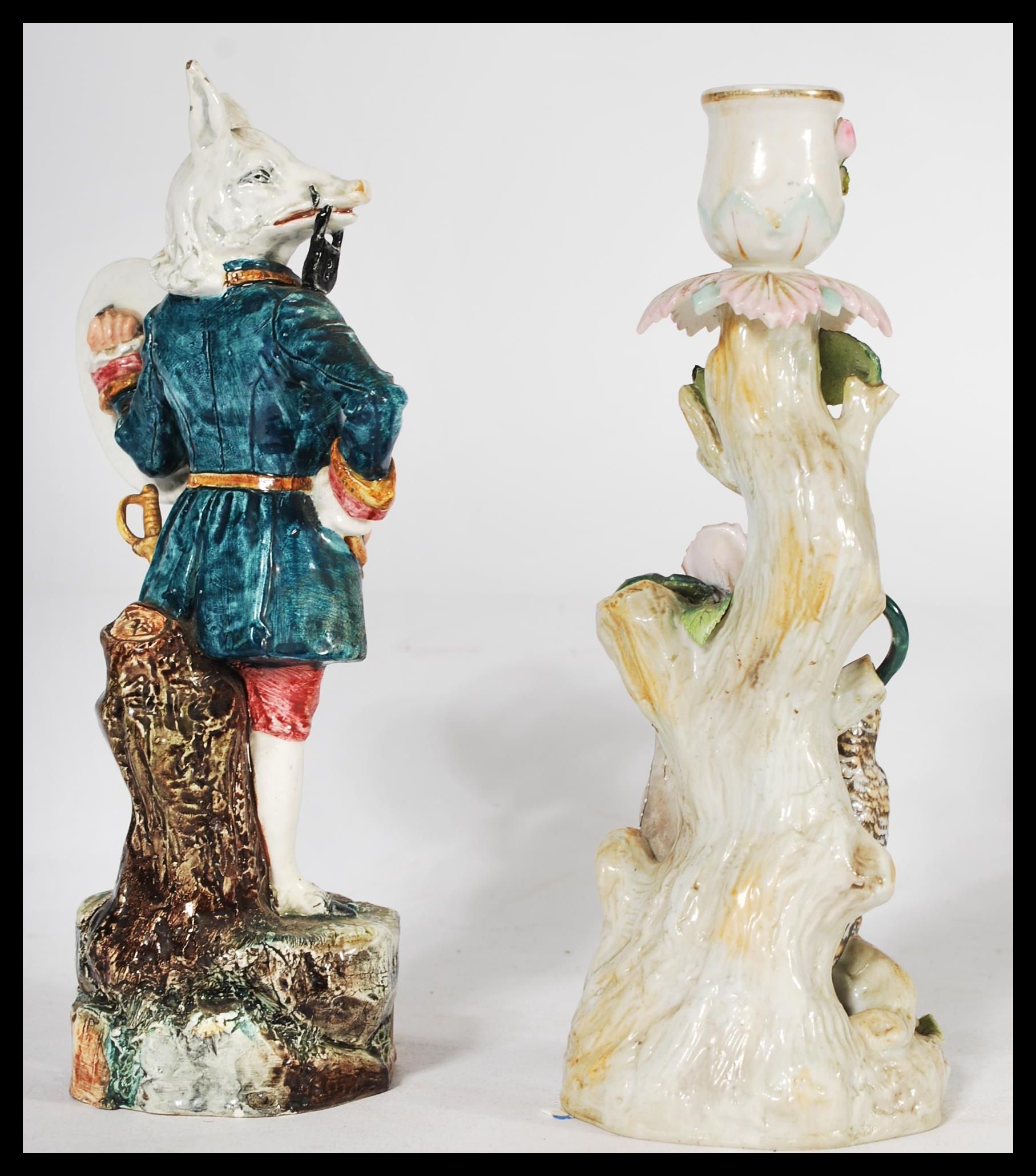 Two 19th century Victorian ceramic figurines to include a Ernst Bohne & Sohne pair of owls on - Image 4 of 8