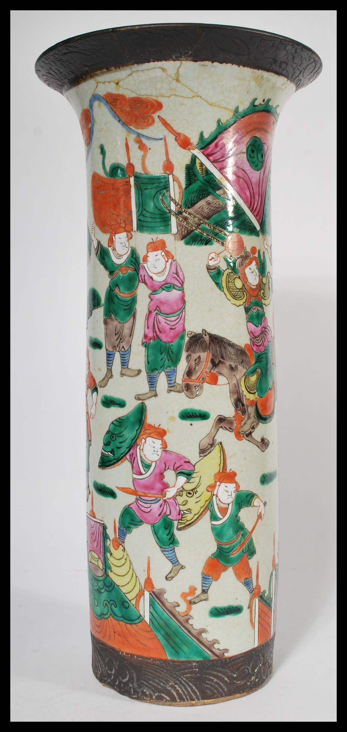 A large 19th century Chinese crackle glaze floor standing vase with hand painted scenes of