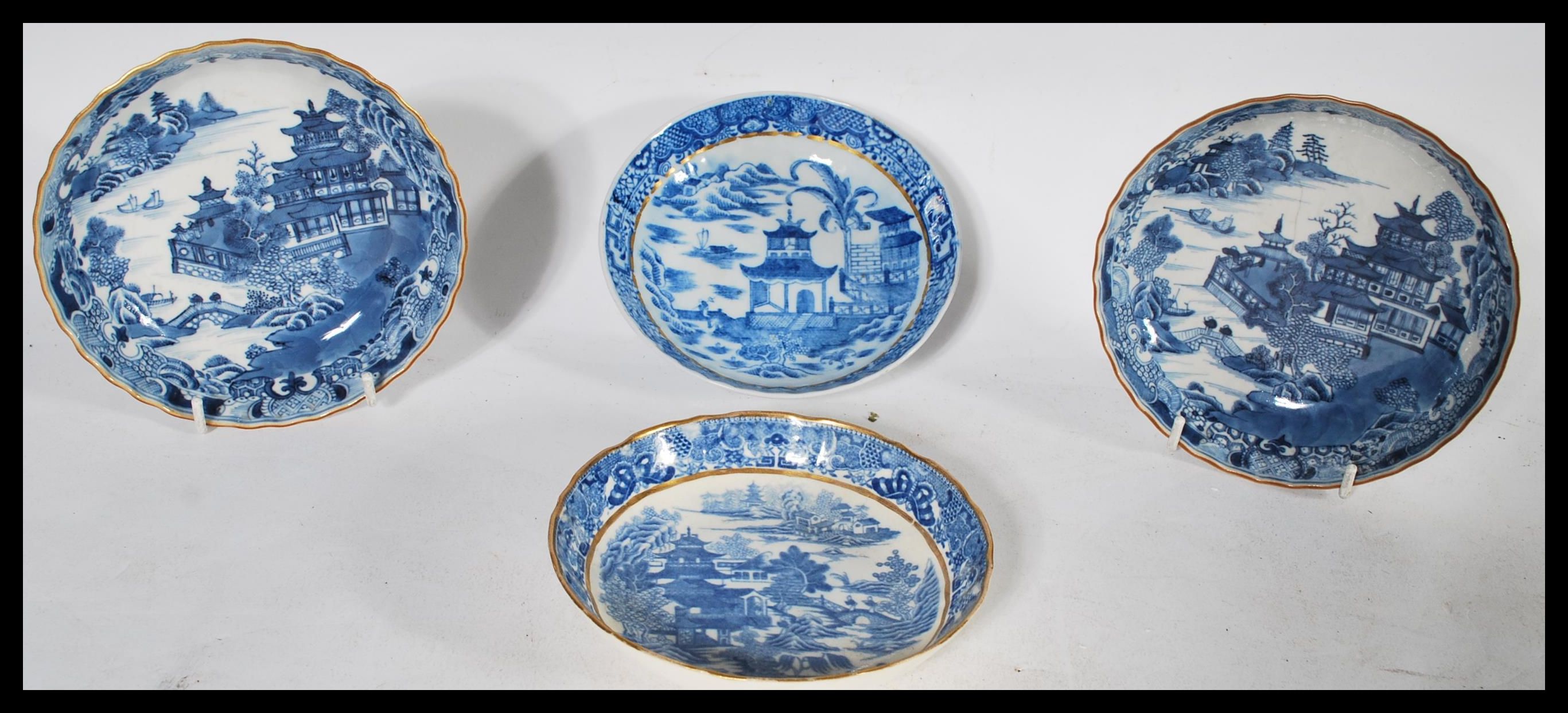 A group of four early English Factory most likely Worcester blue and white bowls / plates to include - Image 2 of 7