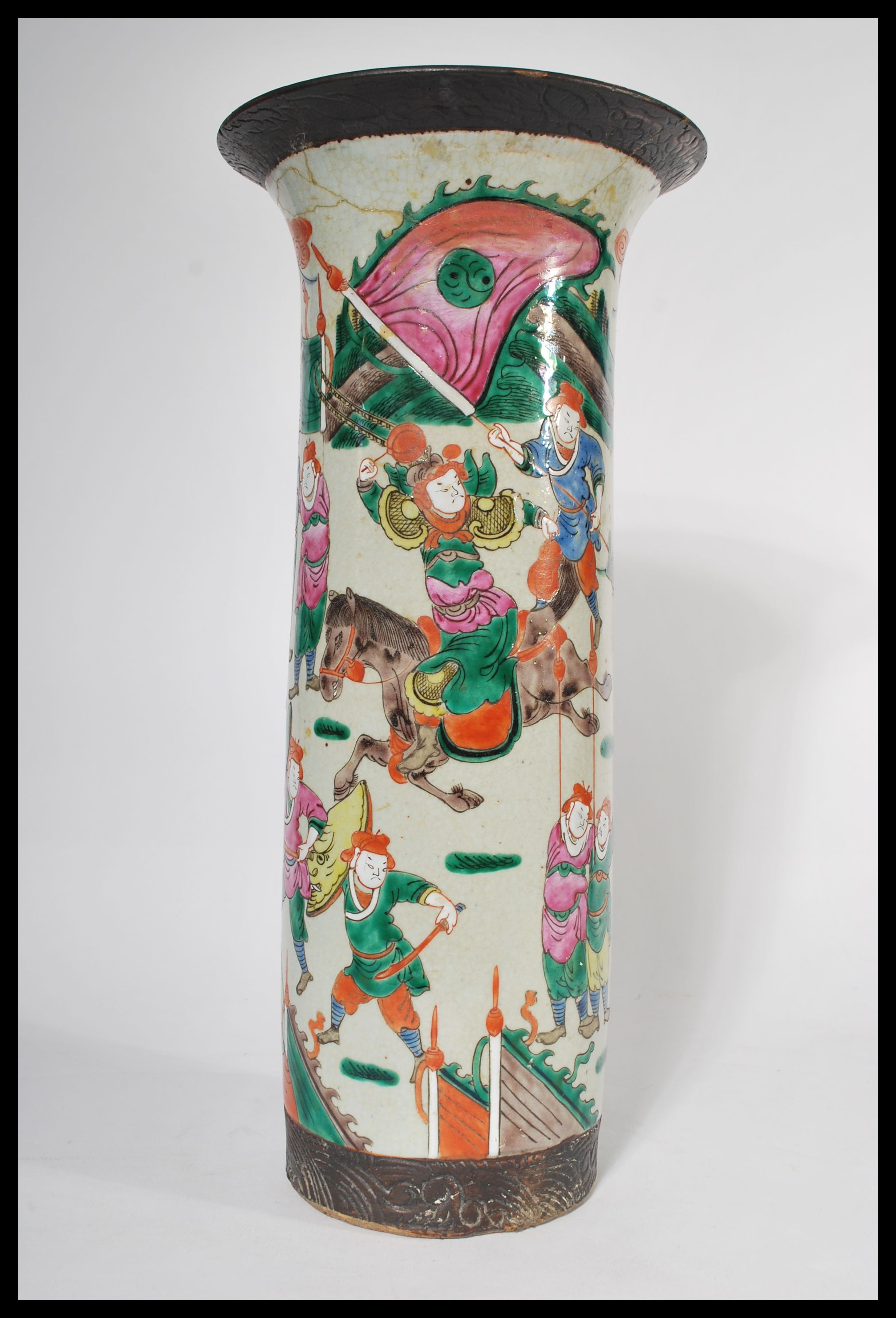 A large 19th century Chinese crackle glaze floor standing vase with hand painted scenes of - Image 4 of 6