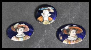 A group of three cobalt enamel plaques depicting early 18th century dandy's in traditional dress