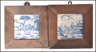 A pair of 17th century Dutch delft tiles set to oa