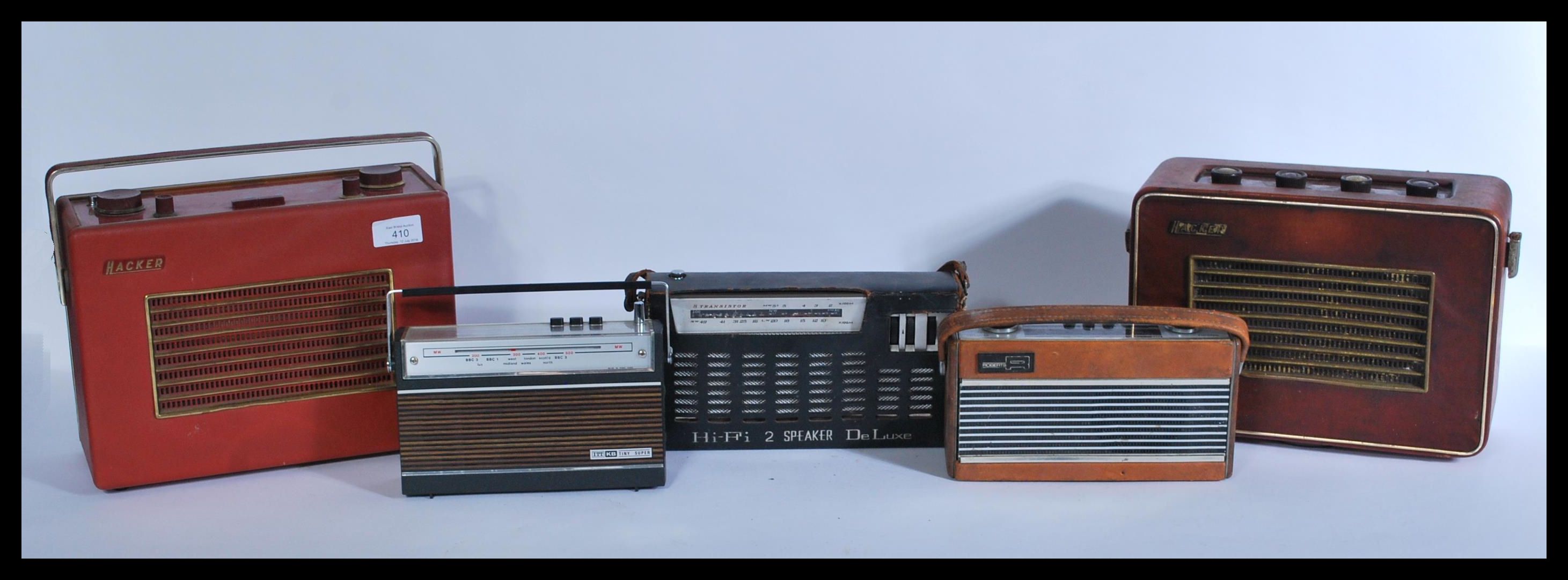 A group of vintage radios to include two Hacker Heralds , Roberts Rambler , ITT Tiny Super , De Luxe - Image 2 of 6