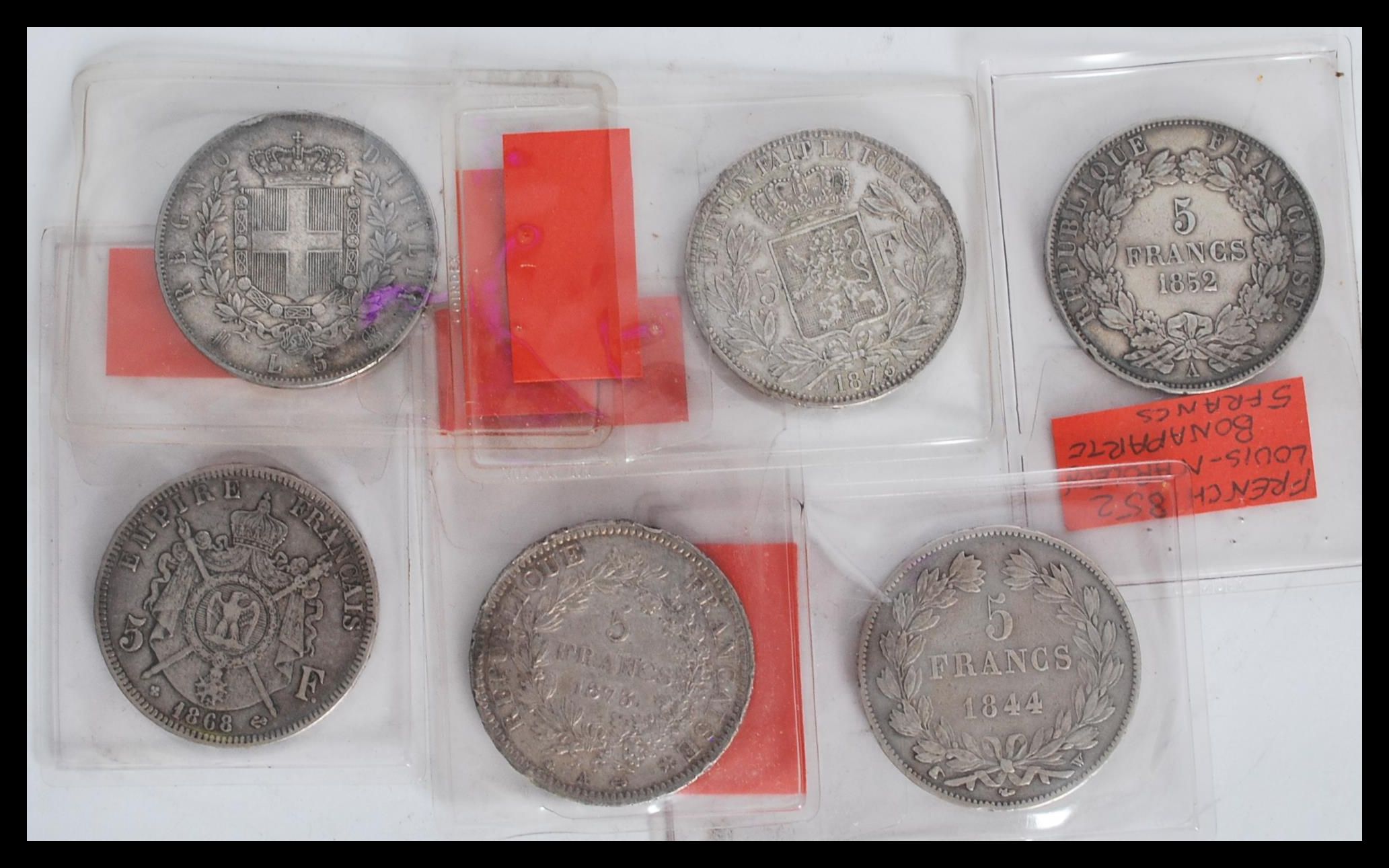 A group of six 19th century Continental silver coins to include French 1844 Louis Phillippe I 5