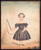 A 19th century continental watercolour painting study of a young girl with riding crop in black
