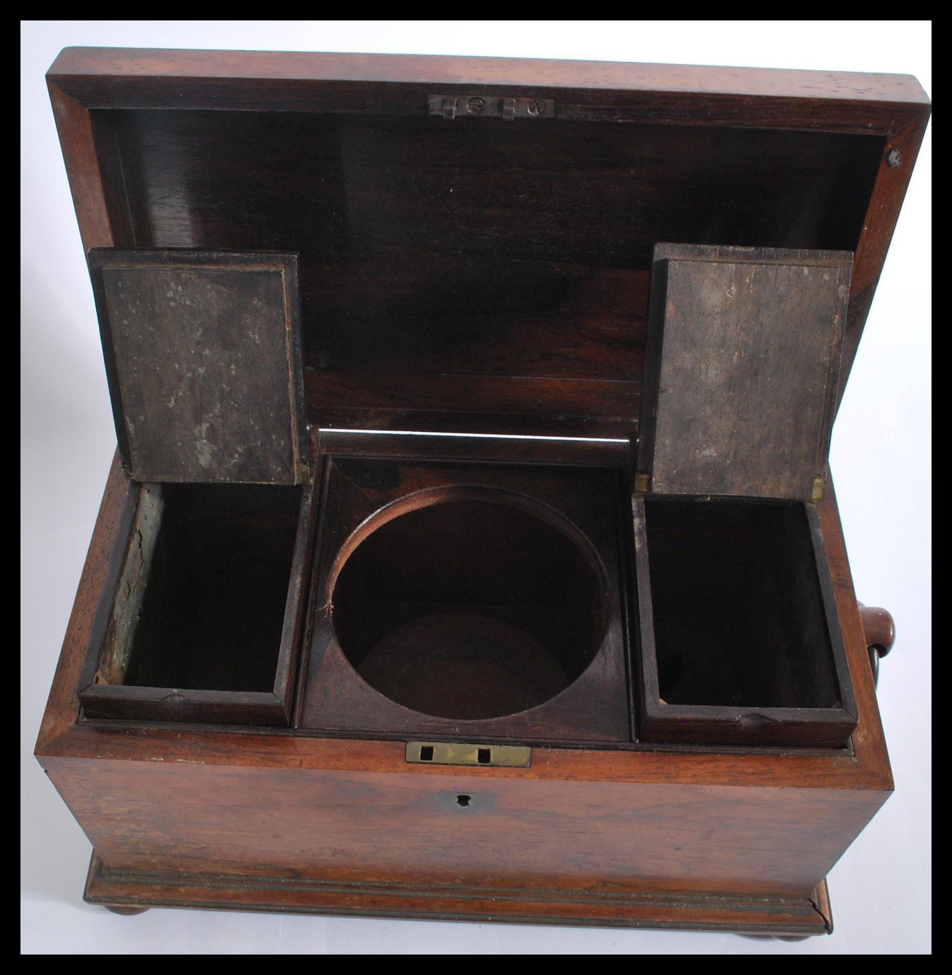 A Victorian rosewood sarcophagus shaped tea caddy, with a quarter reel moulded border, hanging - Image 4 of 7