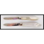 Two 19th / early 20th century silver hallmarked and mother of pearl fruit pen knives to include a