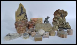 A large collection of 20th century Chinese soapstone to include lidded box , trinket pots , brush
