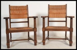 A set of country oak and rattan weave carved armch
