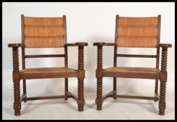 A set of country oak and rattan weave carver armch