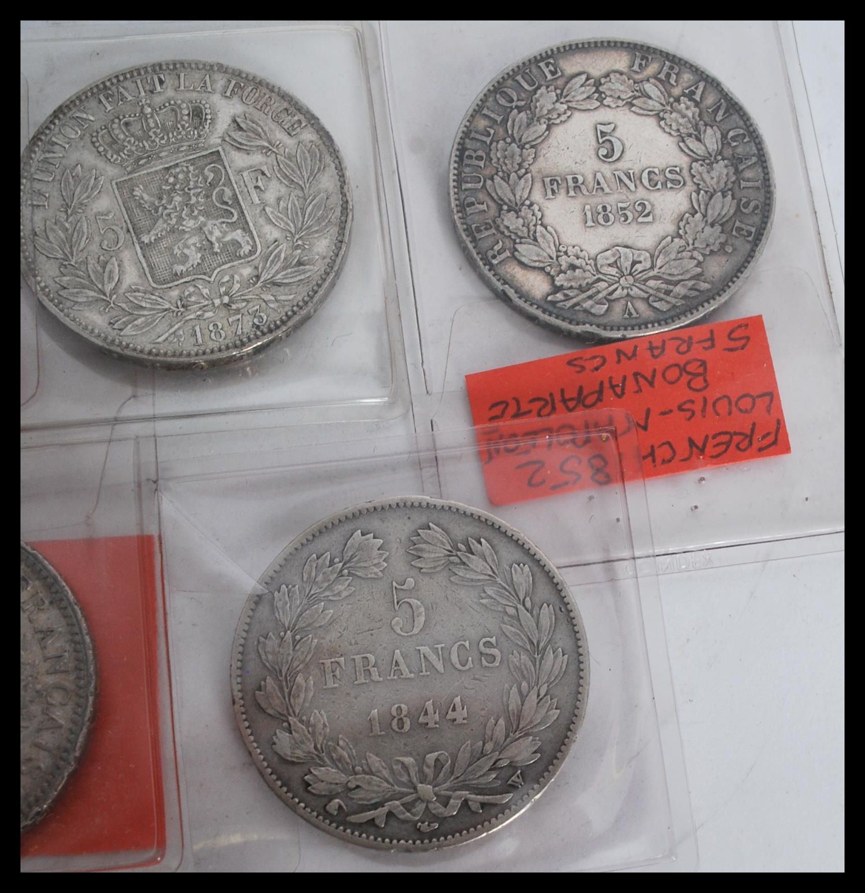 A group of six 19th century Continental silver coins to include French 1844 Louis Phillippe I 5 - Image 4 of 8