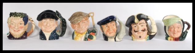 A group of six Royal Doulton character jugs to include Sairey Gamp D5528 , Capt Henry Morgan D6467 ,