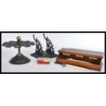 A group of vintage desk / postal office items to include cast metal ebonised pen rest and matching