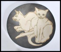 LAUREL KEELEY (born 1952); a large stoneware studio pottery dish with incised drawing of cats on