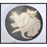 LAUREL KEELEY (born 1952); a large stoneware studio pottery dish with incised drawing of cats on