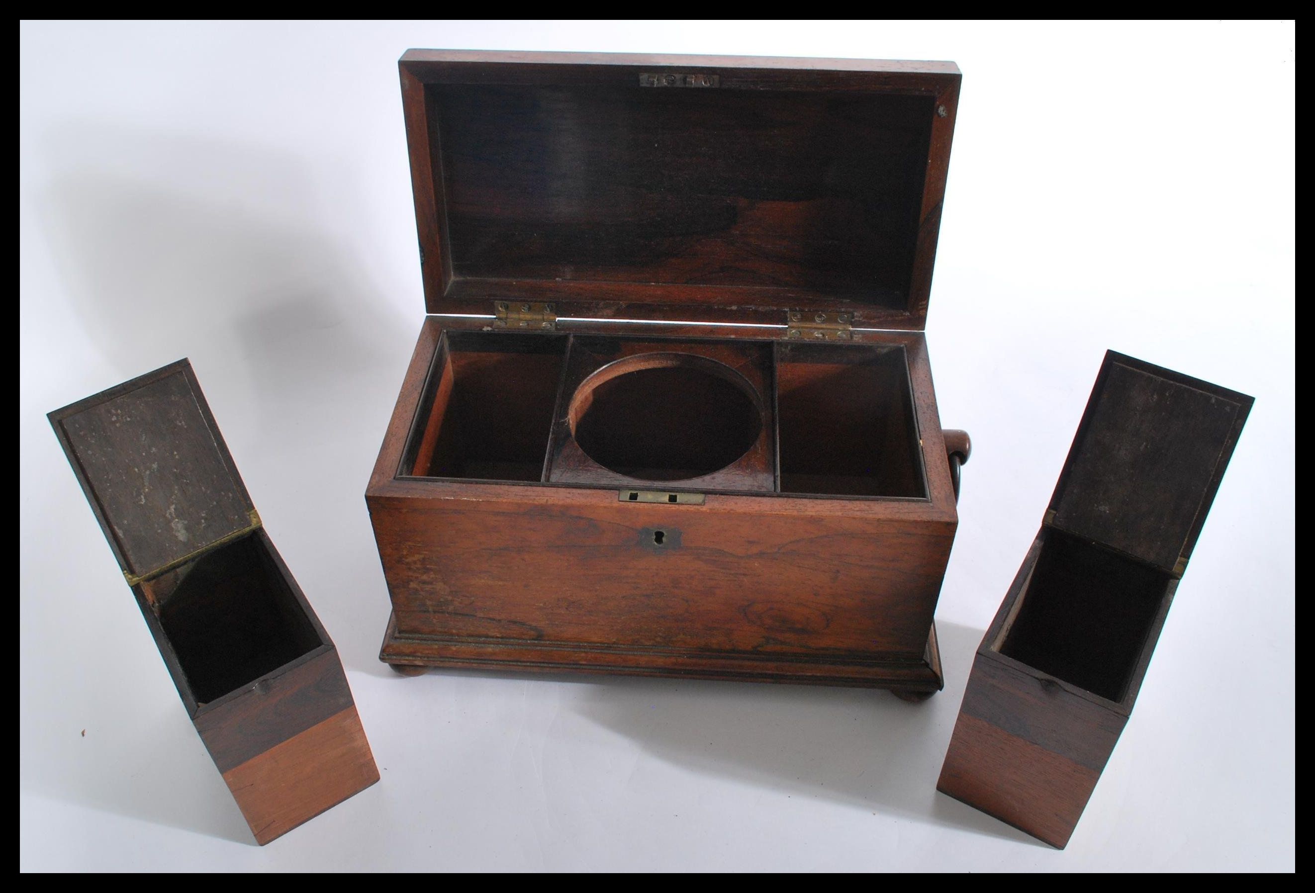 A Victorian rosewood sarcophagus shaped tea caddy, with a quarter reel moulded border, hanging - Image 5 of 7