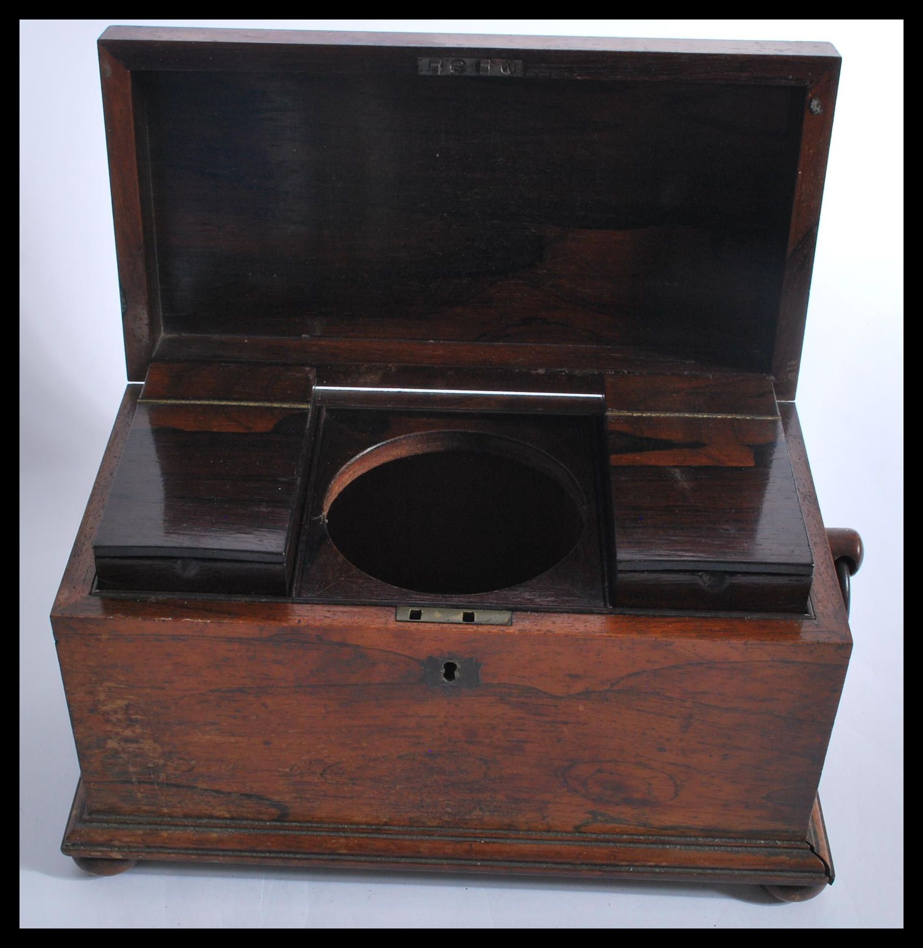 A Victorian rosewood sarcophagus shaped tea caddy, with a quarter reel moulded border, hanging - Image 3 of 7