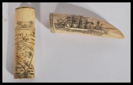 A contemporary copy of a 19th century marine ivory scrimshaw tusk depicting a ship and signed RR