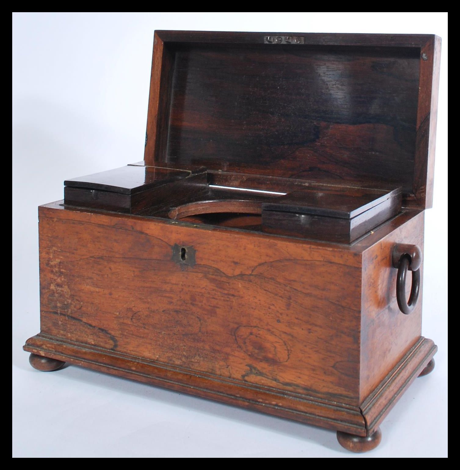 A Victorian rosewood sarcophagus shaped tea caddy, with a quarter reel moulded border, hanging - Image 2 of 7