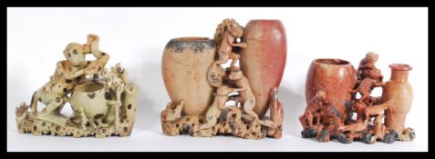 Three early 20th century carved Chinese soapstone