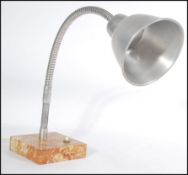 A retro 20th Century Art Deco deck lamp, set to a marble square base with an Aluminium conical shade