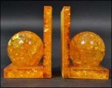 Shatterline - A 1960's retro set of amber crystalline style bookends in a simple design forming a