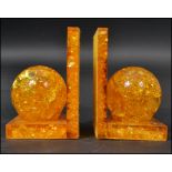 Shatterline - A 1960's retro set of amber crystalline style bookends in a simple design forming a