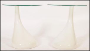 A pair of atomic sputnik style contemporary tear drop side / lamp tables comprising of fibreglass