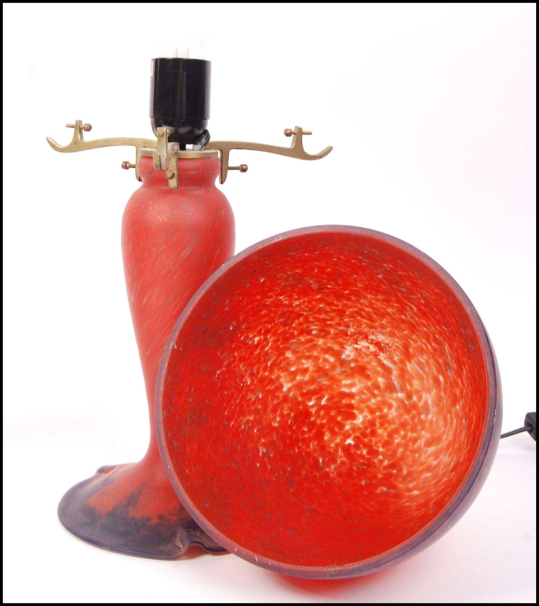 After Emile Galle - A pair of Art Nouveau style glass desk / table lamps in a matt crimson red and - Image 5 of 5