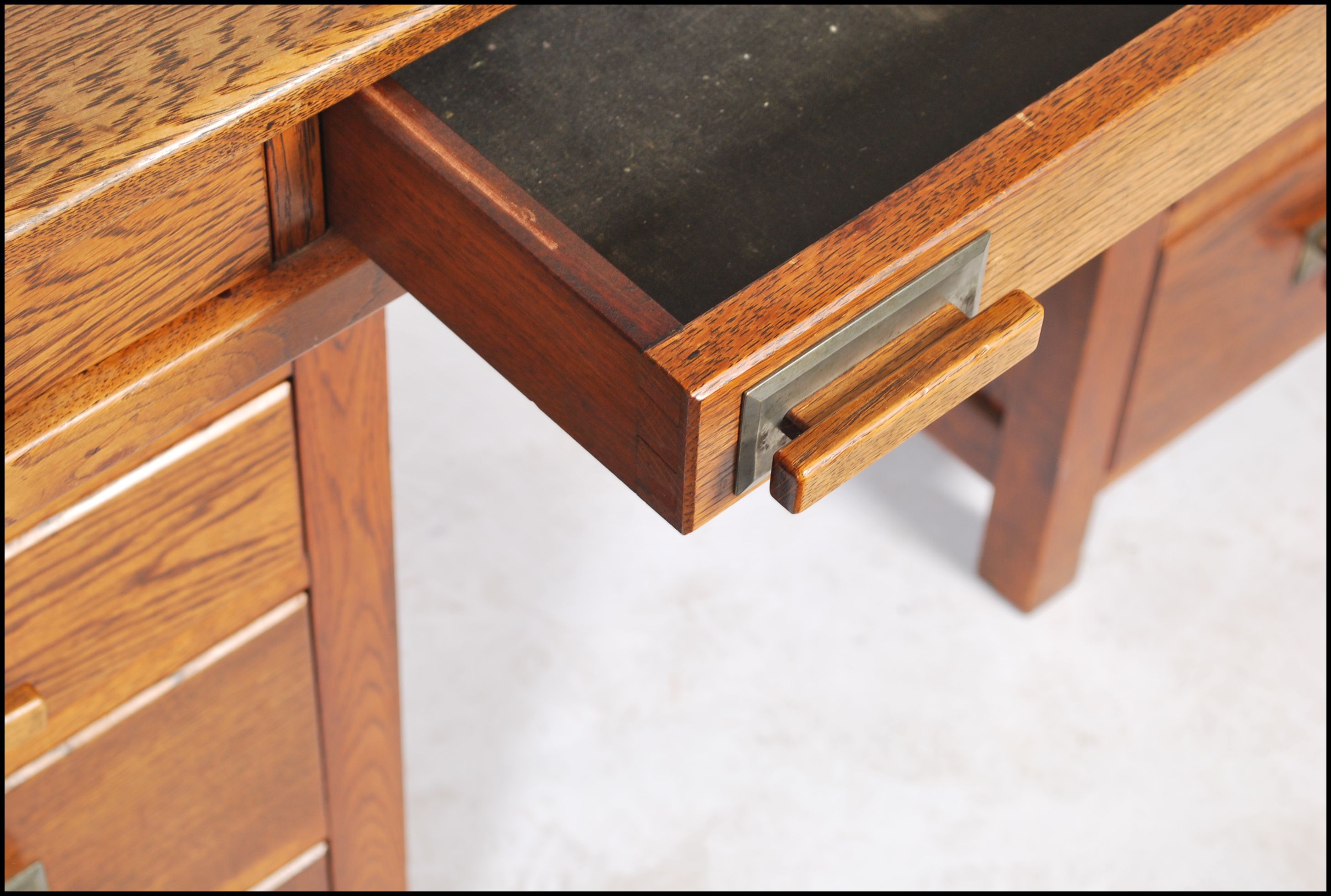 A superb 1930's Art Deco solid oak Air Ministry style twin pedestal desk. Raised on twin pedestals - Image 4 of 7