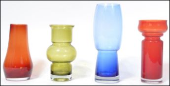 A group of 4x Scandinavian Riihimaki style studio art glass vases each varying in colour and