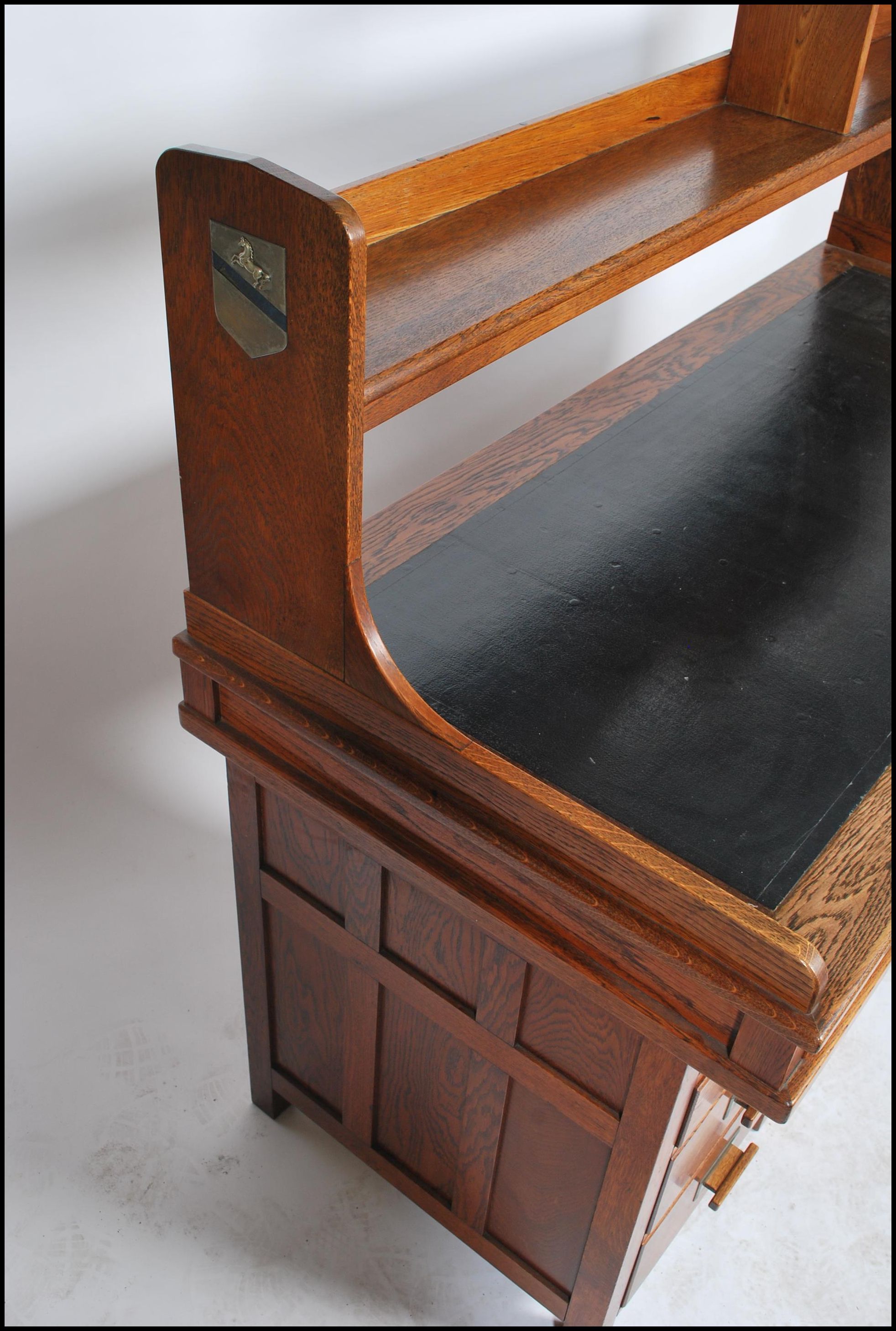 A superb 1930's Art Deco solid oak Air Ministry style twin pedestal desk. Raised on twin pedestals - Image 6 of 7