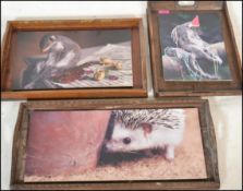 A set of 3x Photographic visual and graphic art inkjet on substrate pictures framed on wooden
