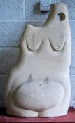 A large abstract carved Bath stone sculpture of a pregnant woman, the reverse having an exposed