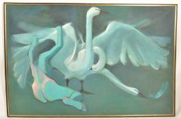 Dick Boulton ( Artist & Sculptor ) - ' Lady and The Swan ' - A large surrealist 20th Century oil