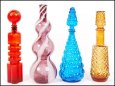 Empoli glass - ' Genie ' - A collection of 4x 1960's retro vintage studio art glass decanters and